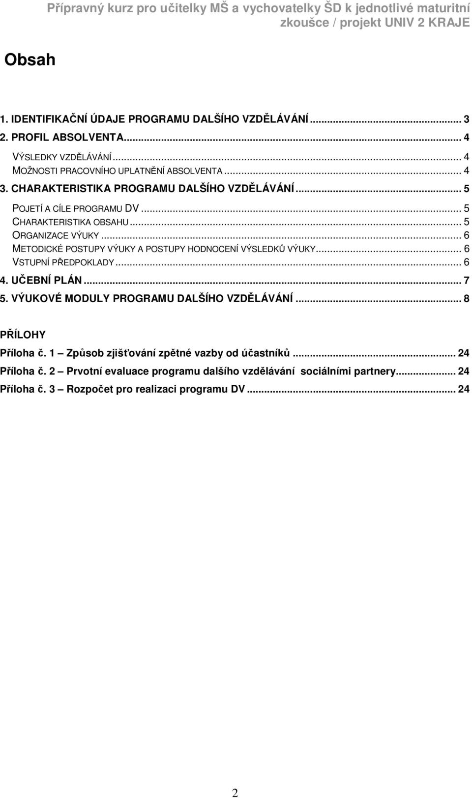 .. 6 METODICKÉ POSTUPY VÝUKY A POSTUPY HODNOCENÍ VÝSLEDKŮ VÝUKY... 6 VSTUPNÍ PŘEDPOKLADY... 6 4. UČEBNÍ PLÁN... 7 5. VÝUKOVÉ MODULY PROGRAMU DALŠÍHO VZDĚLÁVÁNÍ... 8 PŘÍLOHY Příloha č.