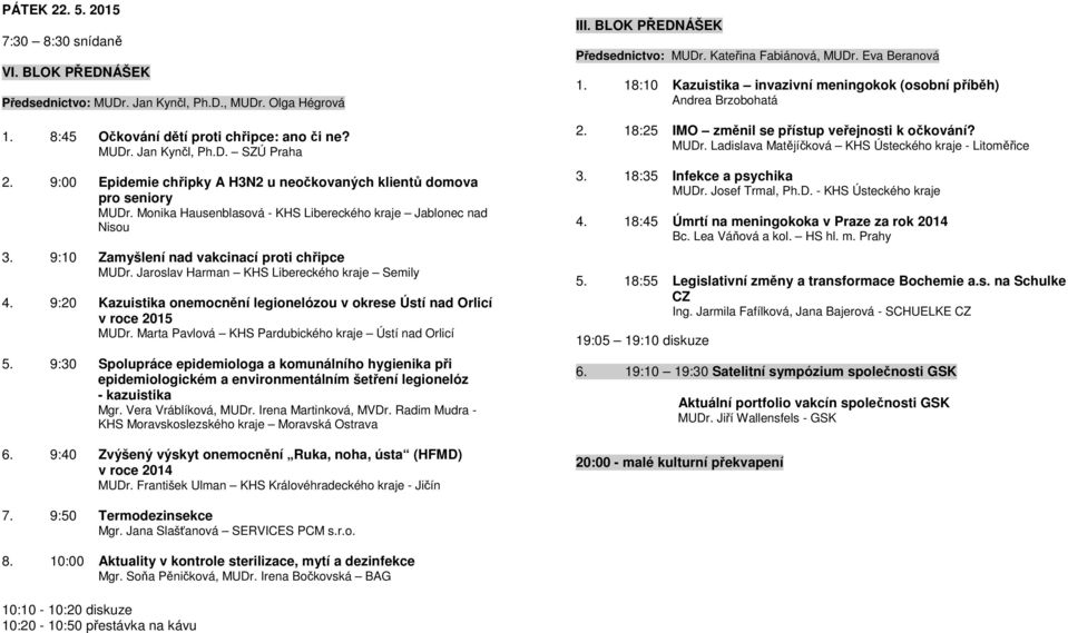 Jaroslav Harman KHS Libereckého kraje Semily 4. 9:20 Kazuistika onemocnění legionelózou v okrese Ústí nad Orlicí v roce 2015 MUDr. Marta Pavlová KHS Pardubického kraje Ústí nad Orlicí 5.