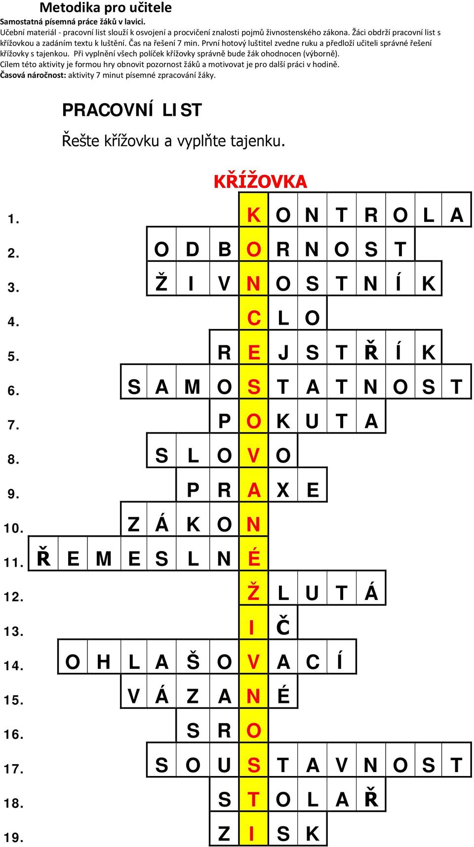 Při vyplnění všech políček křížovky správně bude žák ohodnocen (výborně). Cílem této aktivity je formou hry obnovit pozornost žáků a motivovat je pro další práci v hodině.