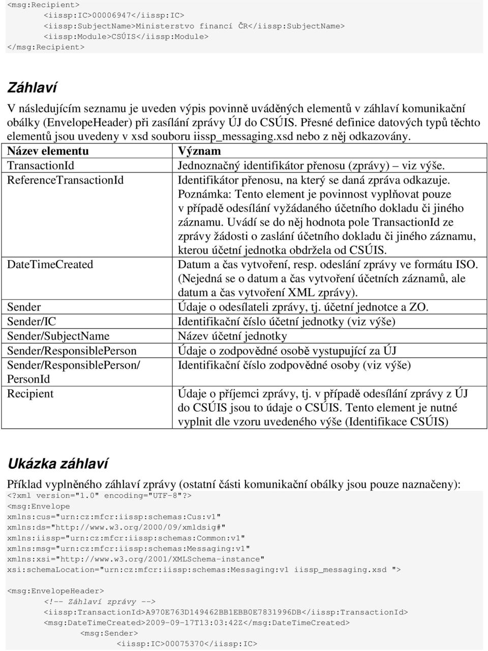 Přesné definice datových typů těchto elementů jsou uvedeny v xsd souboru iissp_messaging.xsd nebo z něj odkazovány.