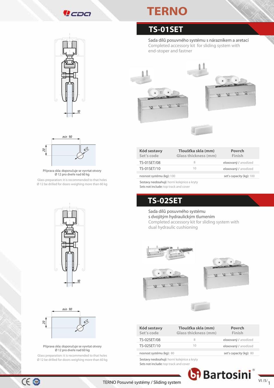 Glass thickness (mm) Sestavy neobsahují: horní kolejnice a kryty Sets not include: top track and cover 8 set s capacity (kg): 0 TS-02SET Sada dílů posuvného systému s dvojitým hydraulickým tlumením