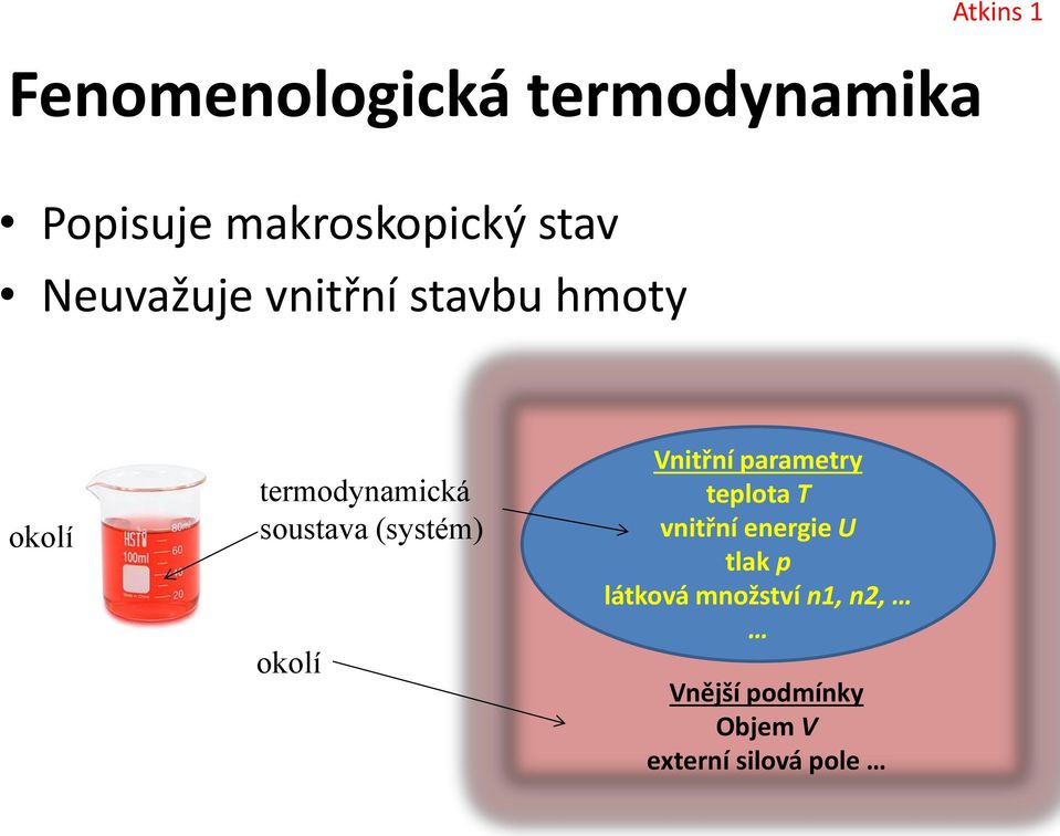 (systém) okolí Vnitřní parametry teplota T vnitřní energie U tlak