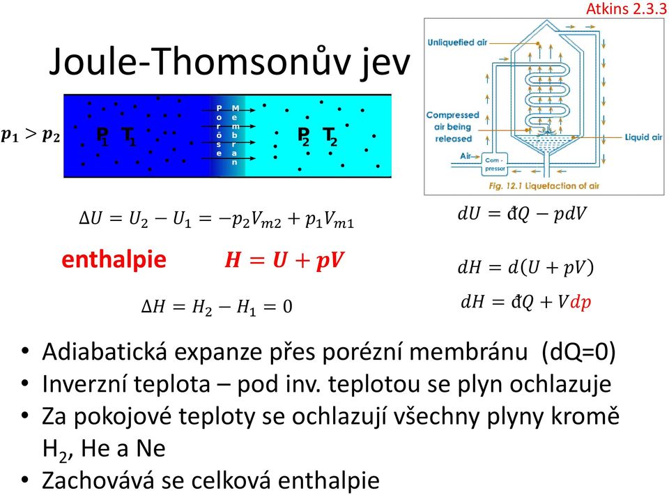 H = H 2 H 1 = 0 du = ᵭQ pdv dh = d U + pv dh = ᵭQ + Vdp Adiabatická expanze přes