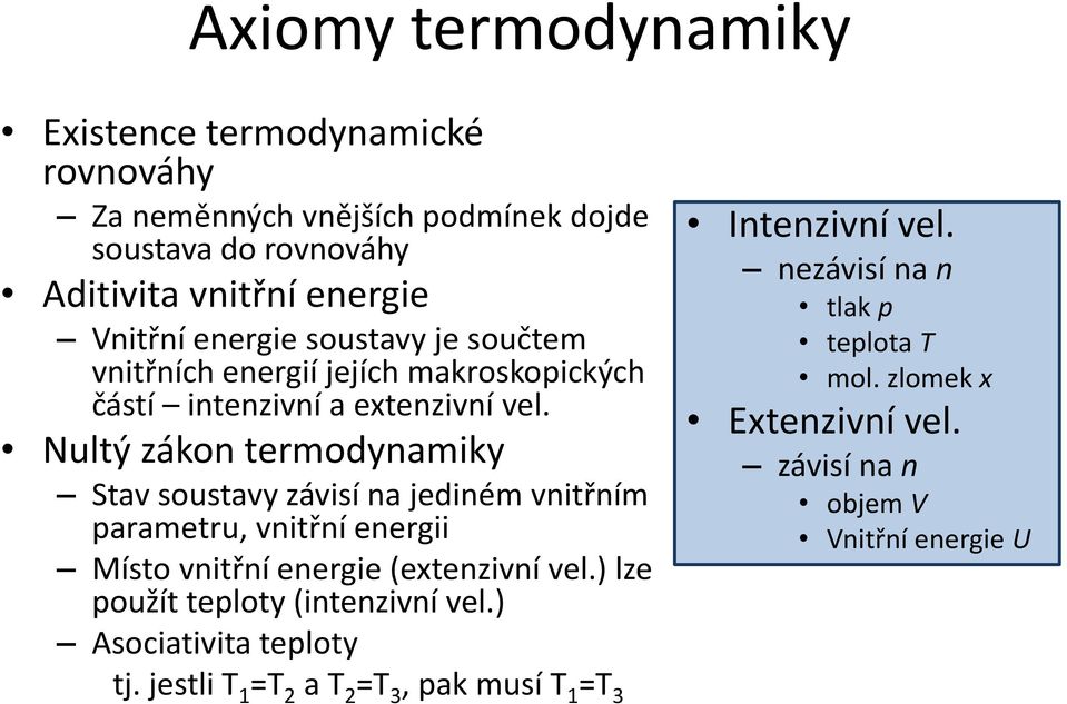 Nultý zákon termodynamiky Stav soustavy závisí na jediném vnitřním parametru, vnitřní energii Místo vnitřní energie (extenzivní vel.