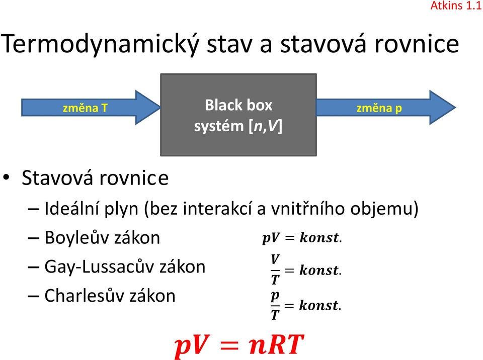 systém [n,v] změna p Stavová rovnic e Ideální plyn (bez