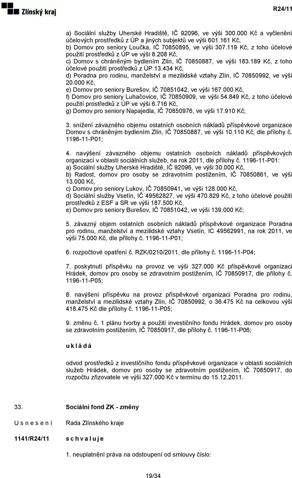 434 Kč, d) Poradna pro rodinu, manželství a mezilidské vztahy Zlín, IČ 70850992, ve výši 20.000 Kč, e) Domov pro seniory Burešov, IČ 70851042, ve výši 167.