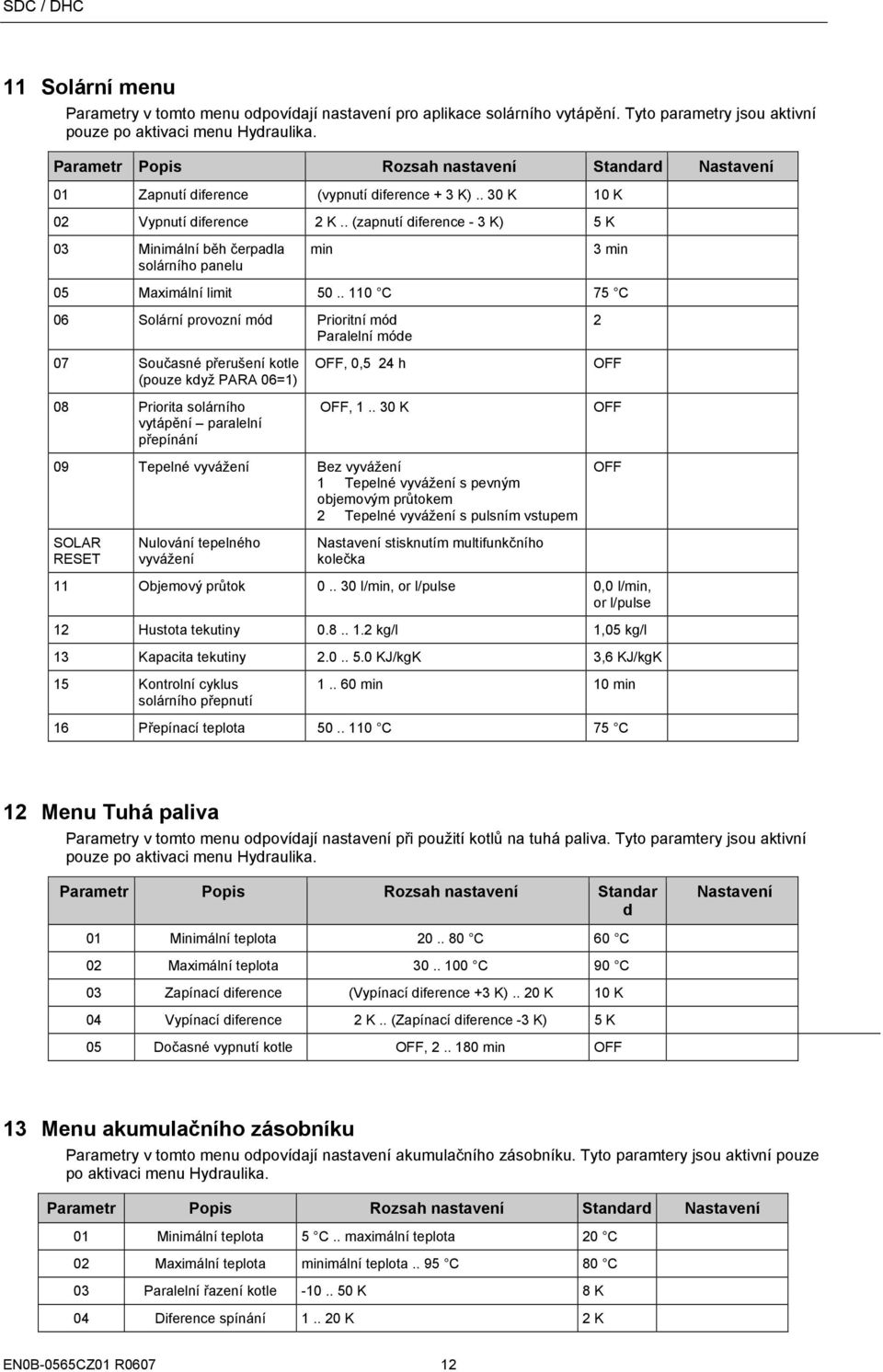 . 0 C 75 C 06 Solární provozní mód Prioritní mód Paralelní móde 2 07 Současné přerušení kotle (pouze když PARA 06=) 08 Priorita solárního vytápění paralelní přepínání, 0,5 24 h,.