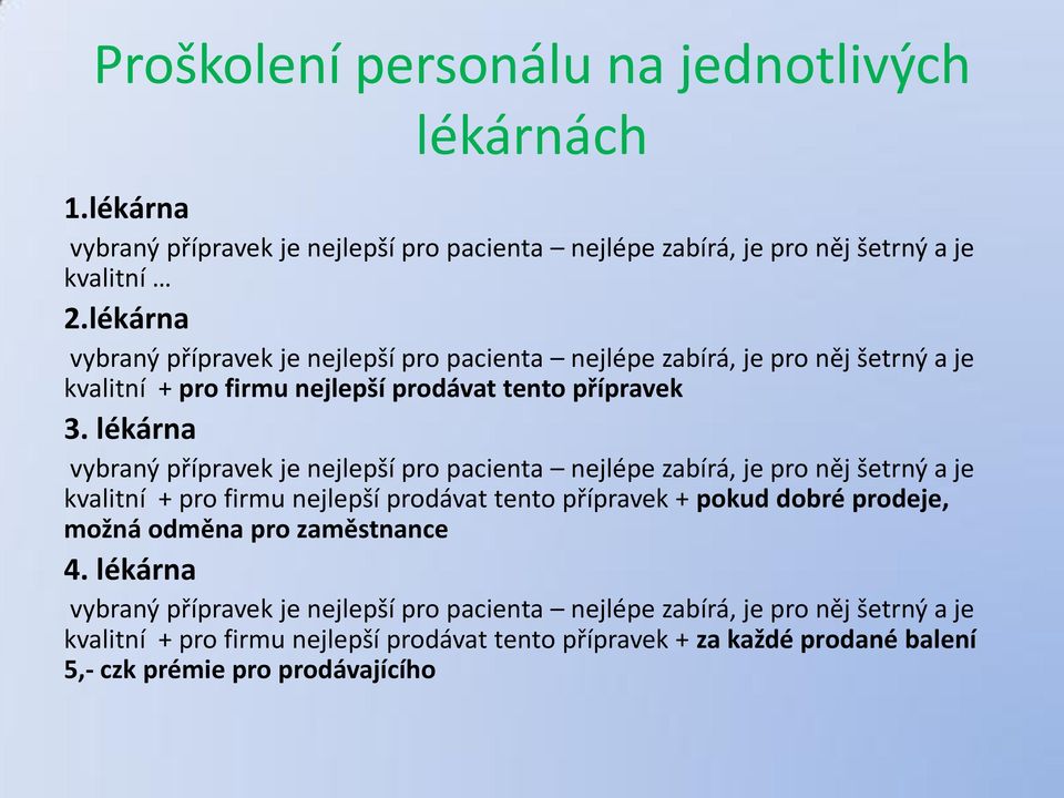 lékárna vybraný přípravek je nejlepší pro pacienta nejlépe zabírá, je pro něj šetrný a je kvalitní + pro firmu nejlepší prodávat tento přípravek + pokud dobré prodeje, možná