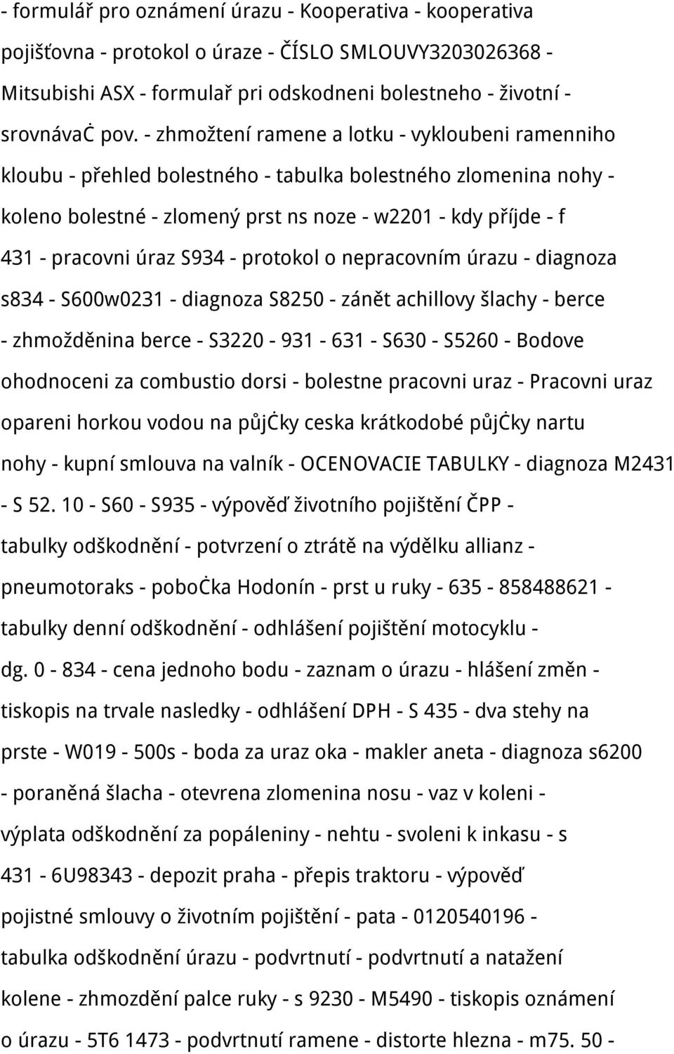 S934 - protokol o nepracovním úrazu - diagnoza s834 - S600w0231 - diagnoza S8250 - zánět achillovy šlachy - berce - zhmožděnina berce - S3220-931 - 631 - S630 - S5260 - Bodove ohodnoceni za combustio