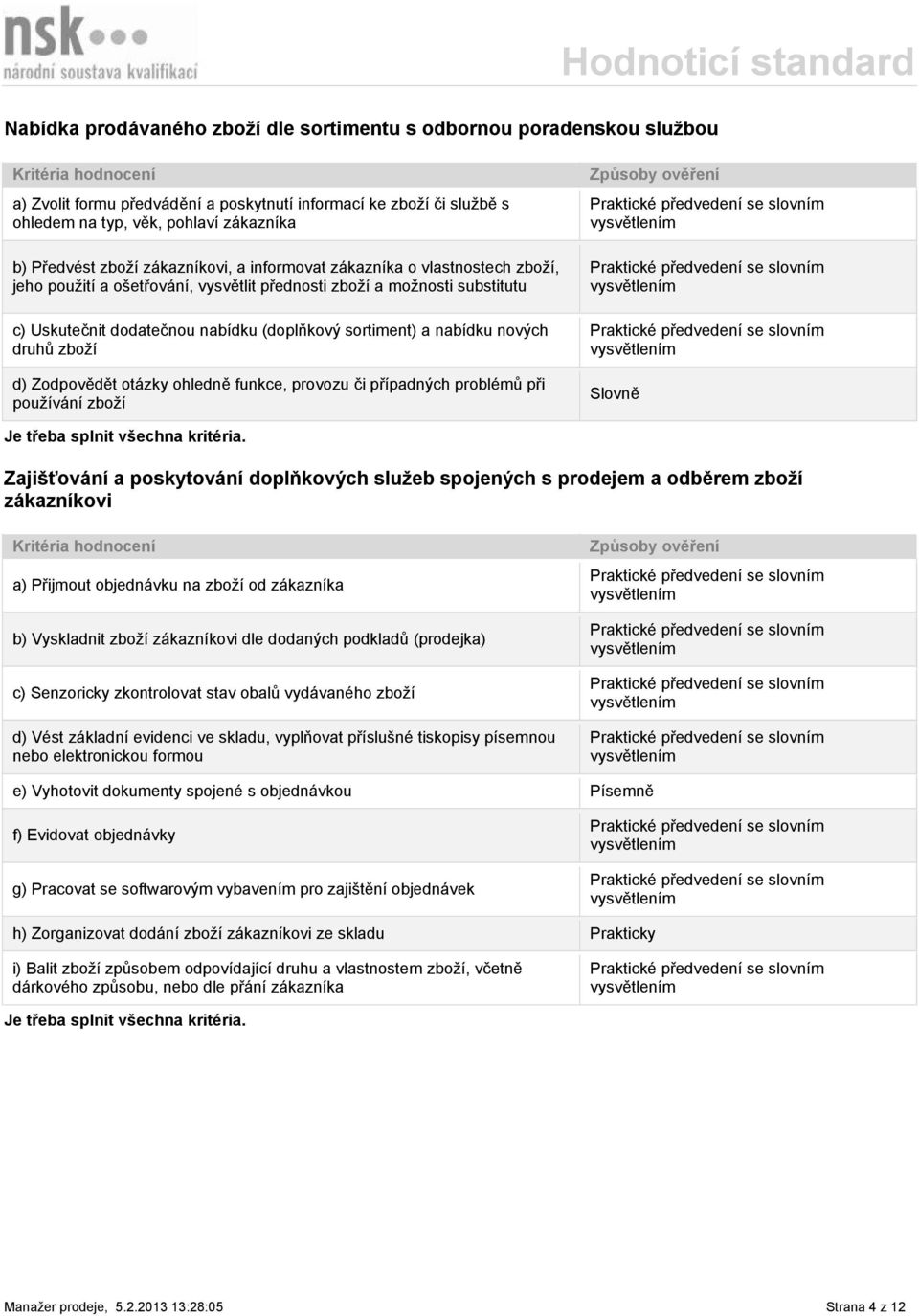 nových druhů zboží d) Zodpovědět otázky ohledně funkce, provozu či případných problémů při používání zboží Slovně Zajišťování a poskytování doplňkových služeb spojených s prodejem a odběrem zboží