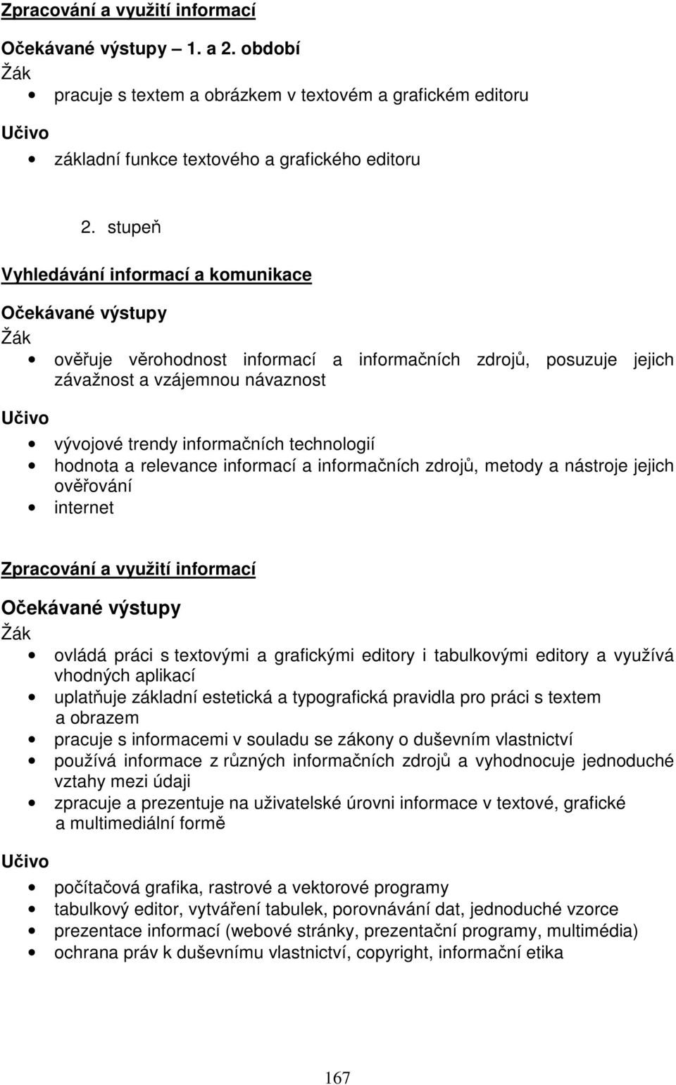 technologií hodnota a relevance informací a informačních zdrojů, metody a nástroje jejich ověřování internet Zpracování a využití informací Očekávané výstupy Žák ovládá práci s textovými a grafickými