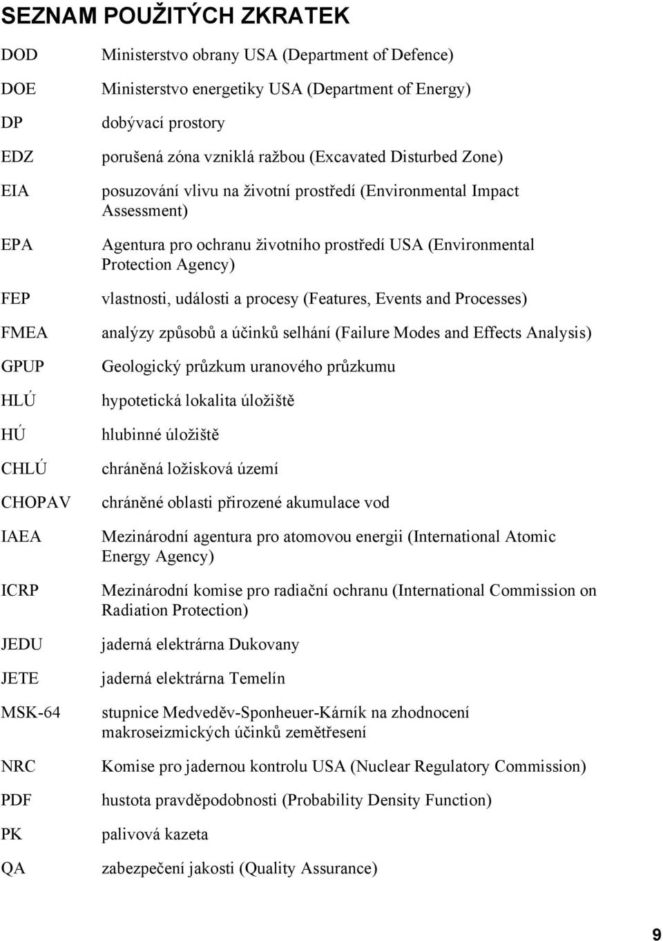 prostředí USA (Environmental Protection Agency) vlastnosti, události a procesy (Features, Events and Processes) analýzy způsobů a účinků selhání (Failure Modes and Effects Analysis) Geologický