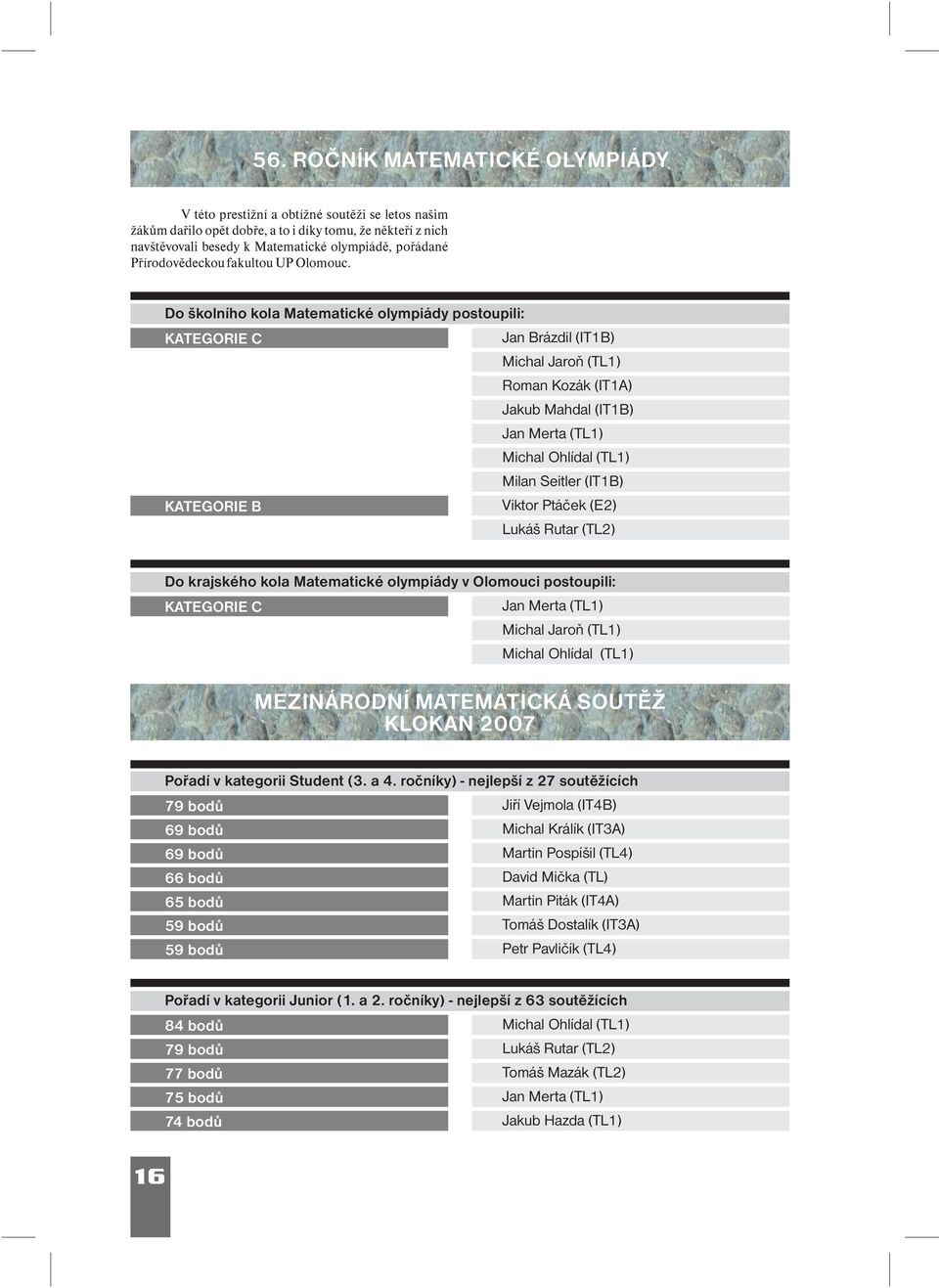 Do školního kola Matematické olympiády postoupili: KATEGORIE C Jan Brázdil (IT1B) Michal Jaroò (TL1) Roman Kozák (IT1A) Jakub Mahdal (IT1B) Jan Merta (TL1) Michal Ohlídal (TL1) Milan Seitler (IT1B)
