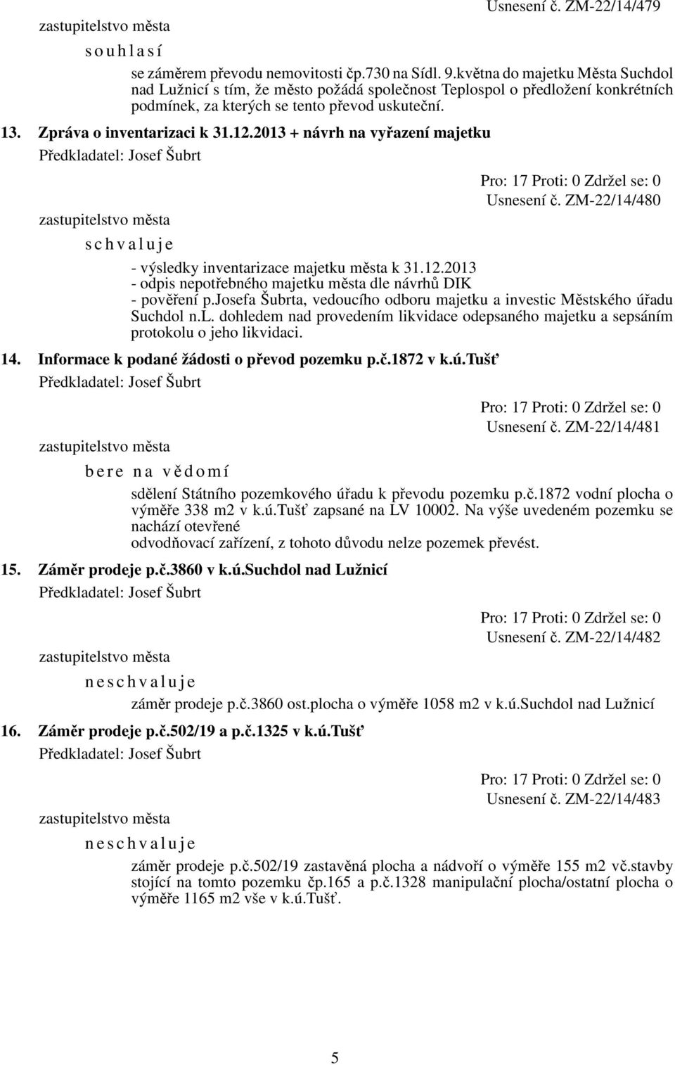 2013 + návrh na vyřazení majetku - výsledky inventarizace majetku města k 31.12.2013 - odpis nepotřebného majetku města dle návrhů DIK Usnesení č. ZM-22/14/480 - pověření p.