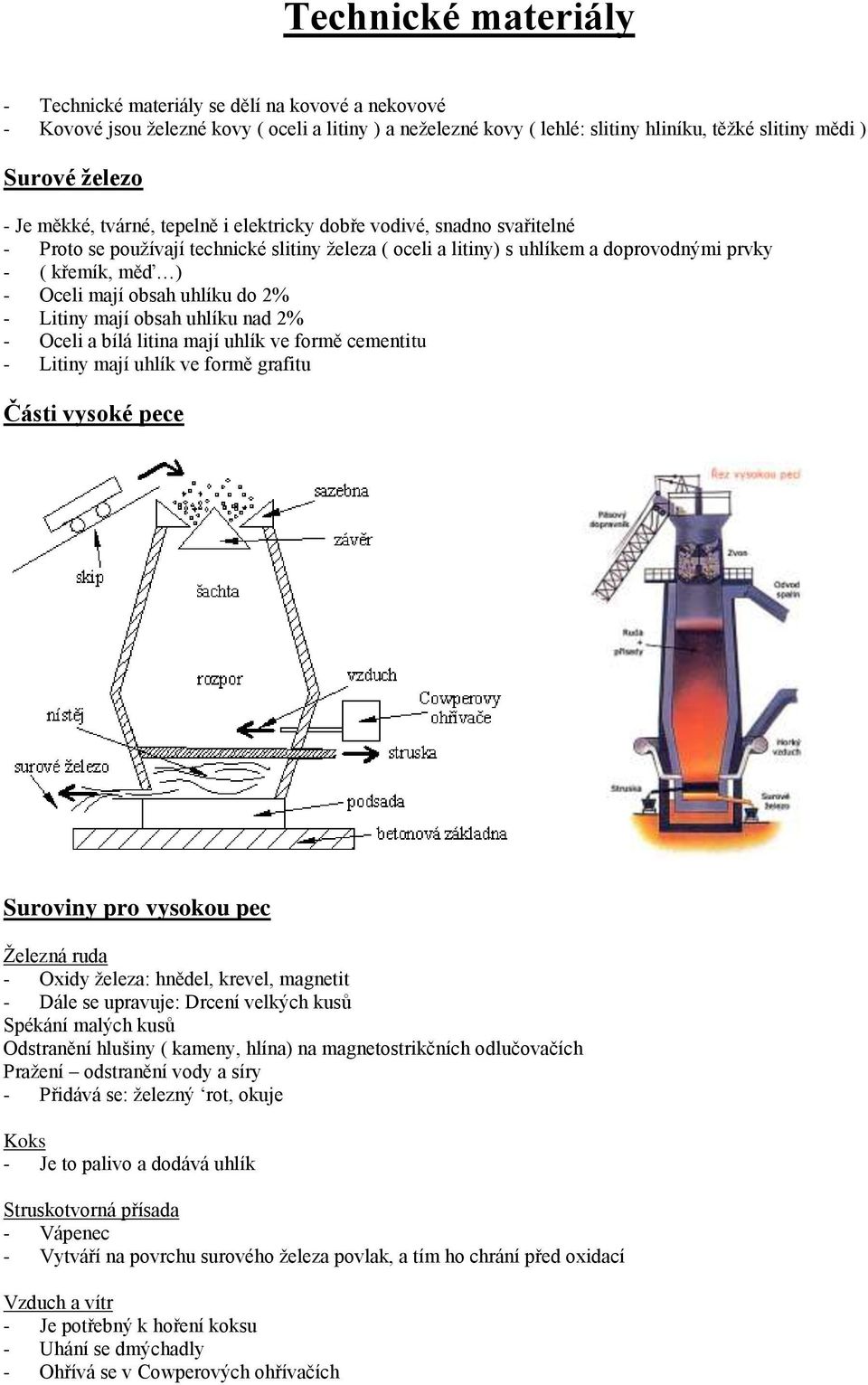 Technické materiály. Surové železo. Části vysoké pece. Suroviny pro vysokou  pec - PDF Stažení zdarma