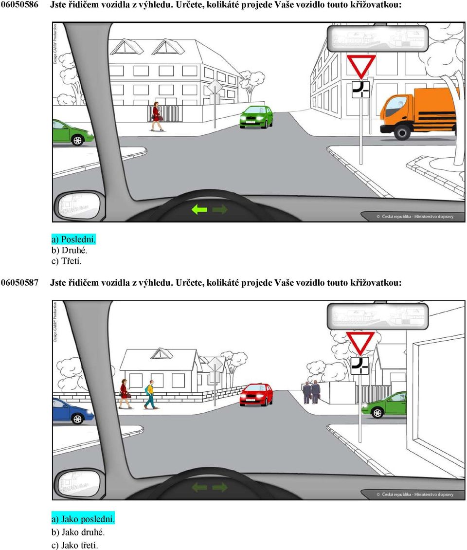 b) Druhé. c) Třetí. 06050587 Jste řidičem vozidla z výhledu.