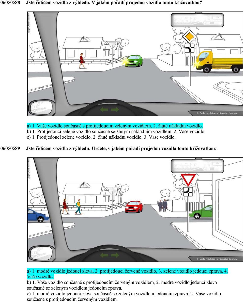 Určete, v jakém pořadí projedou vozidla touto křižovatkou: a) 1. modré vozidlo jedoucí zleva, 2. protijedoucí červené vozidlo, 3. zelené vozidlo jedoucí zprava, 4. Vaše vozidlo. b) 1.