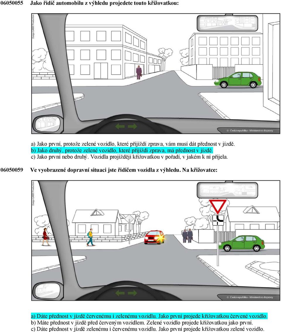 06050059 Ve vyobrazené dopravní situaci jste řidičem vozidla z výhledu. Na křižovatce: a) Dáte přednost v jízdě červenému i zelenému vozidlu.
