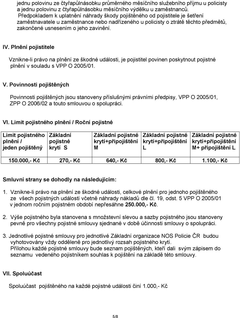 IV. Plnění pojistitele Vznikne-li právo na plnění ze škodné události, je pojistitel povinen poskytnout pojistné plnění v souladu s VPP O 2005/01. V. Povinnosti pojištěných Povinnosti pojištěných jsou stanoveny příslušnými právními předpisy, VPP O 2005/01, ZPP O 2006/02 a touto smlouvou o spolupráci.