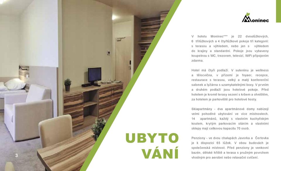 V suterénu je wellness a tělocvična, v přízemí je foyaer, recepce, restaurace s terasou, velký a malý konferenční salonek a lyžárna s uzamykatelnými boxy.