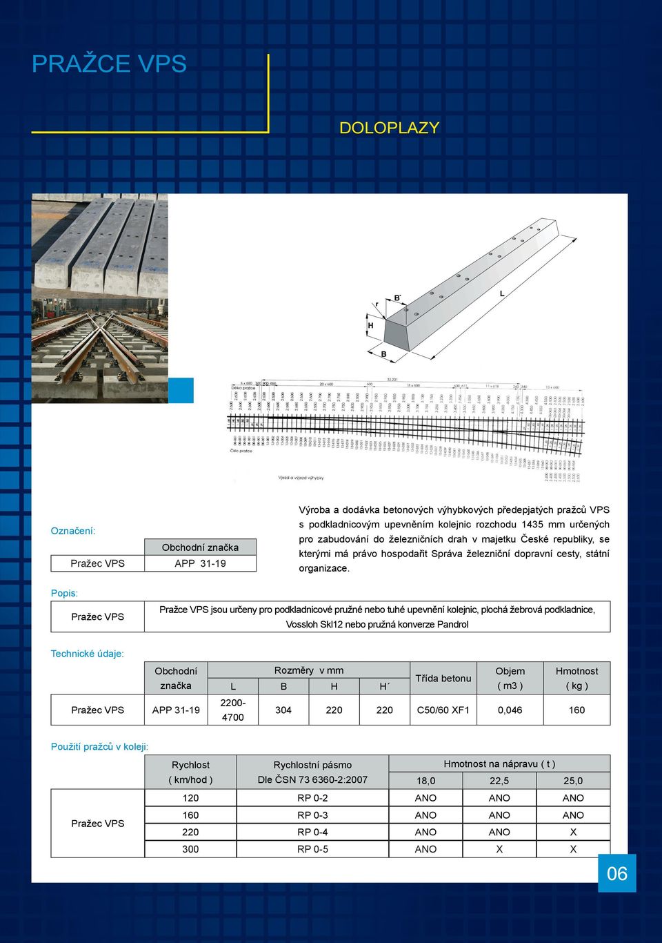 Pražec VPS Pražce VPS jsou určeny pro podkladnicové pružné nebo tuhé upevnění kolejnic, plochá žebrová podkladnice, Vossloh Skl12 nebo pružná konverze Pandrol značka Pražec VPS