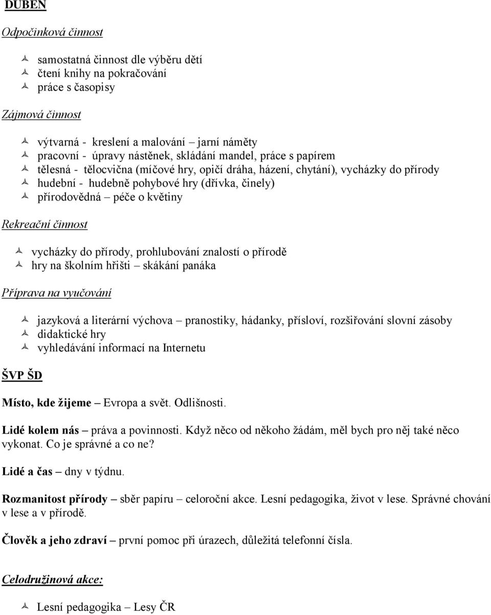 přírodě hry na školním hřišti skákání panáka jazyková a literární výchova pranostiky, hádanky, přísloví, rozšiřování slovní zásoby didaktické hry vyhledávání informací na Internetu Místo, kde žijeme