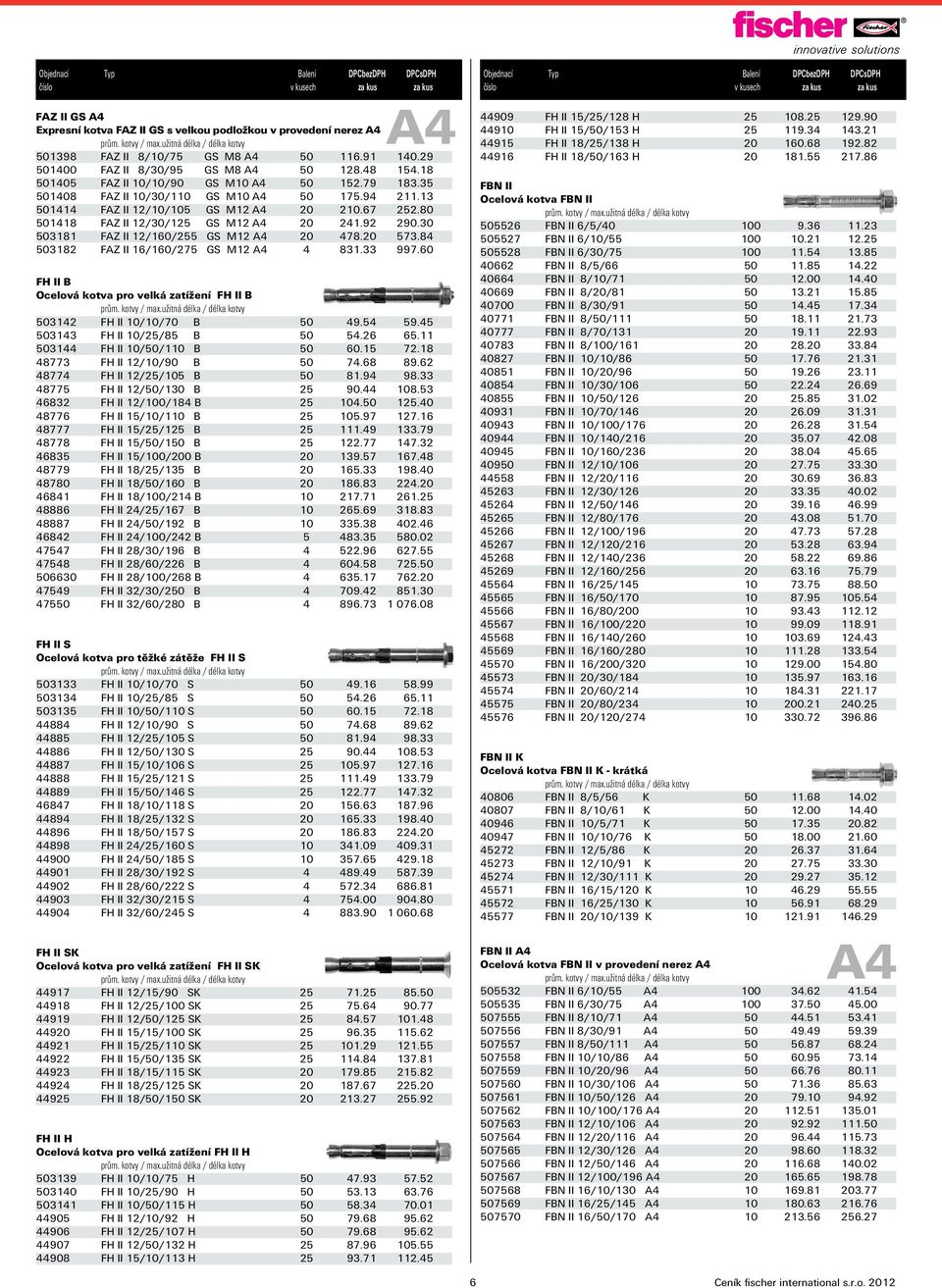 30 503181 FAZ II 12/160/255 GS M12 20 478.20 573.84 503182 FAZ II 16/160/275 GS M12 4 831.33 997.60 FH II B Ocelová kotva pro velká zatížení FH II B prům. kotvy / max.