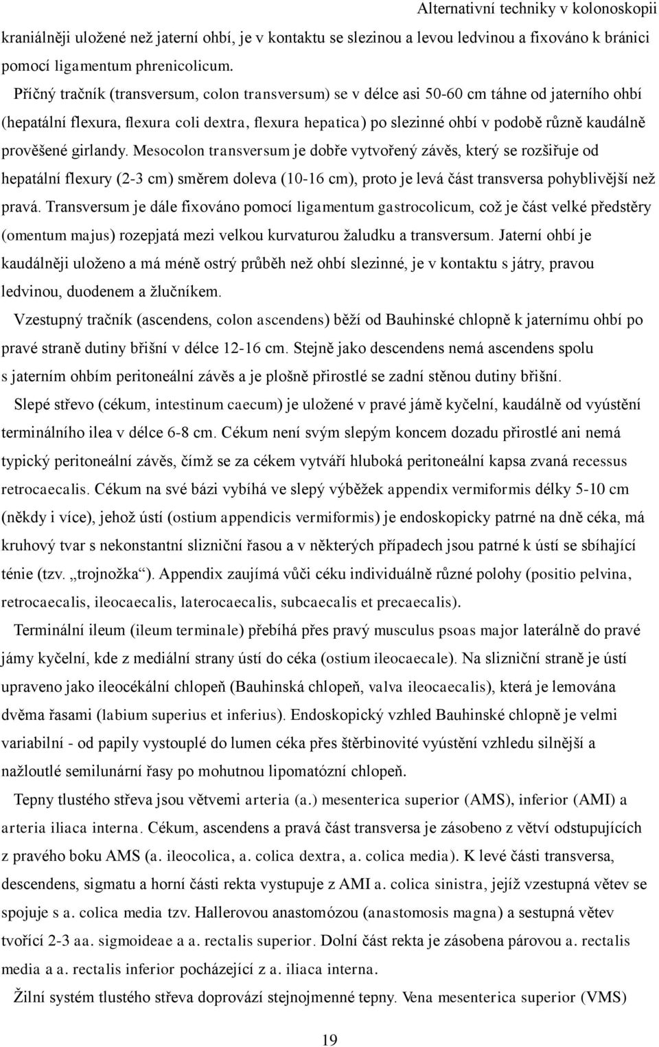 prověšené girlandy. Mesocolon transversum je dobře vytvořený závěs, který se rozšiřuje od hepatální flexury (2-3 cm) směrem doleva (10-16 cm), proto je levá část transversa pohyblivější než pravá.