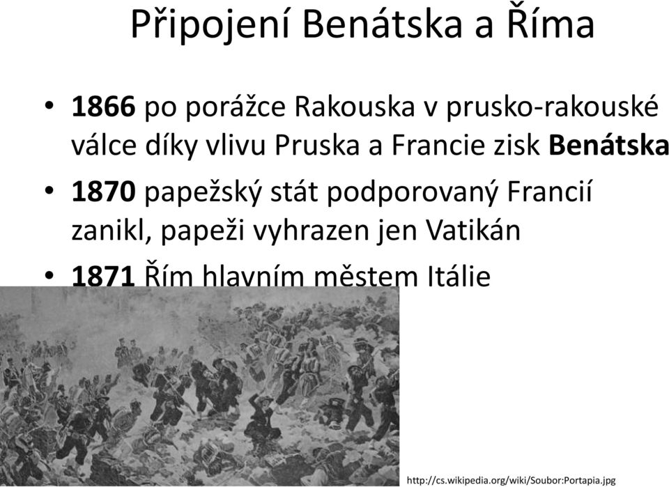 1870 papežský stát podporovaný Francií zanikl, papeži vyhrazen jen