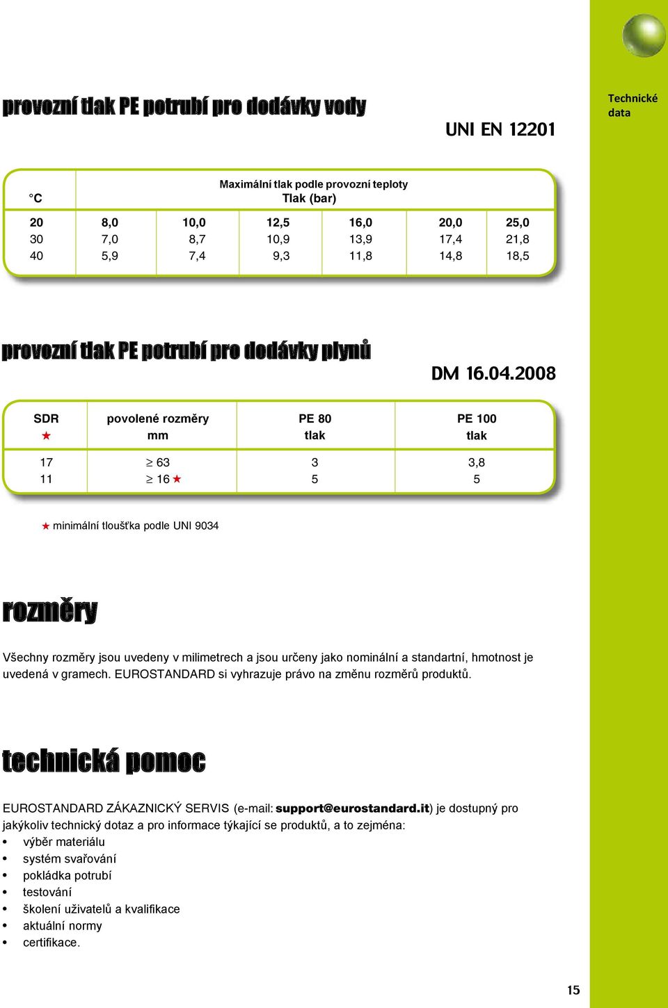 2008 SDR povolené rozměry mm PE 80 tlak PE 100 tlak 17 63 3 3,8 11 16 5 5 minimální tloušťka podle UNI 9034 rozměry Všechny rozměry jsou uvedeny v milimetrech a jsou určeny jako nominální a
