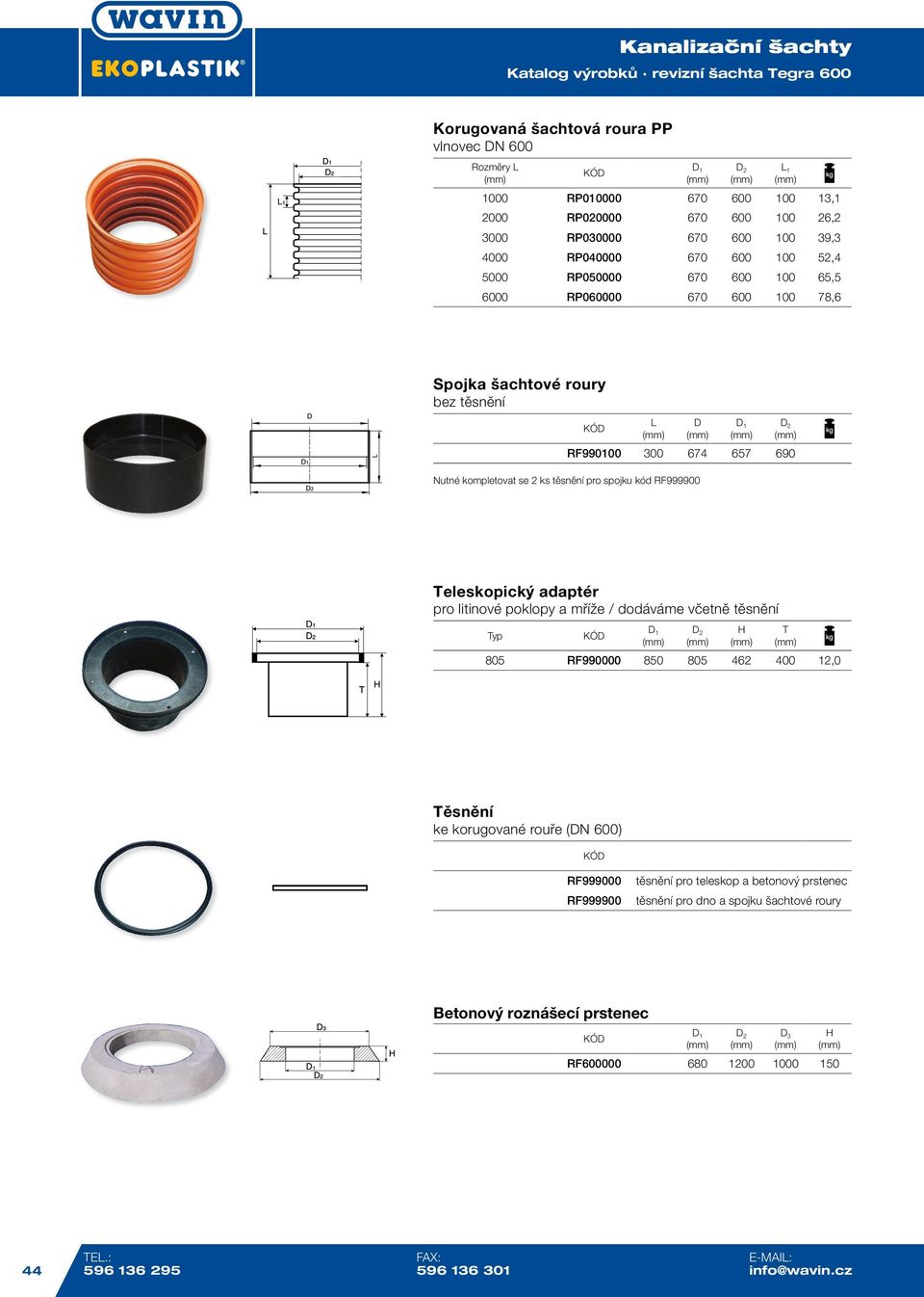 pro spojku kód RF999900 Teleskopický adaptér pro litinové poklopy a mříže / dodáváme včetně těsnění T 805 RF990000 850 805 462 400 12,0 Těsnění ke korugované rouře (DN 600) RF999000 RF999900