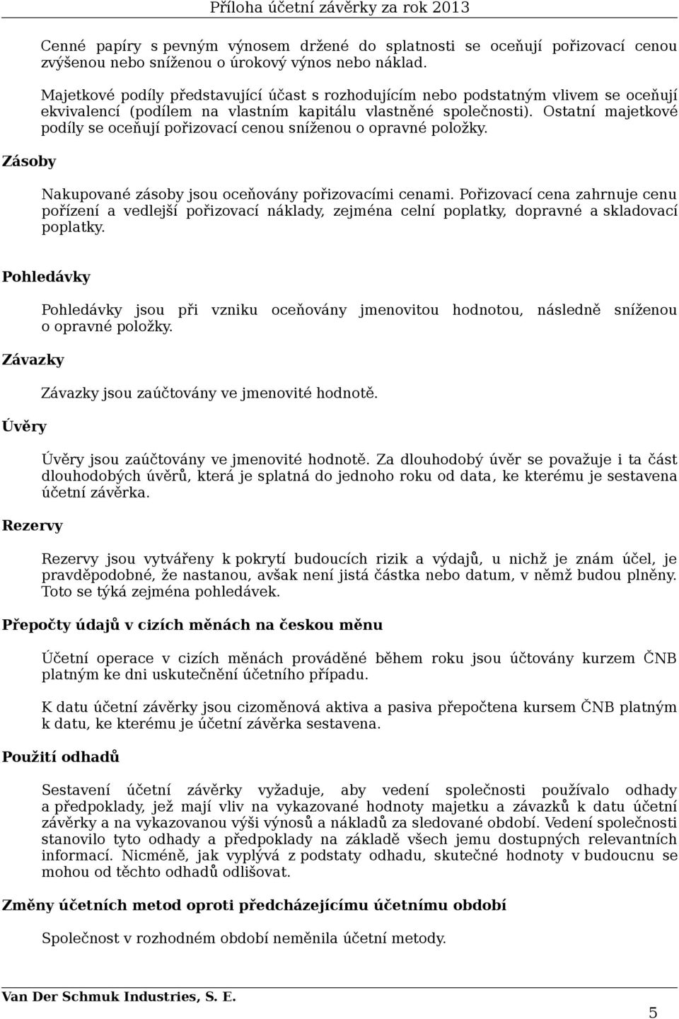 Ostatní majetkové podíly se oceňují pořizovací cenou sníženou o opravné položky. Nakupované zásoby jsou oceňovány pořizovacími cenami.