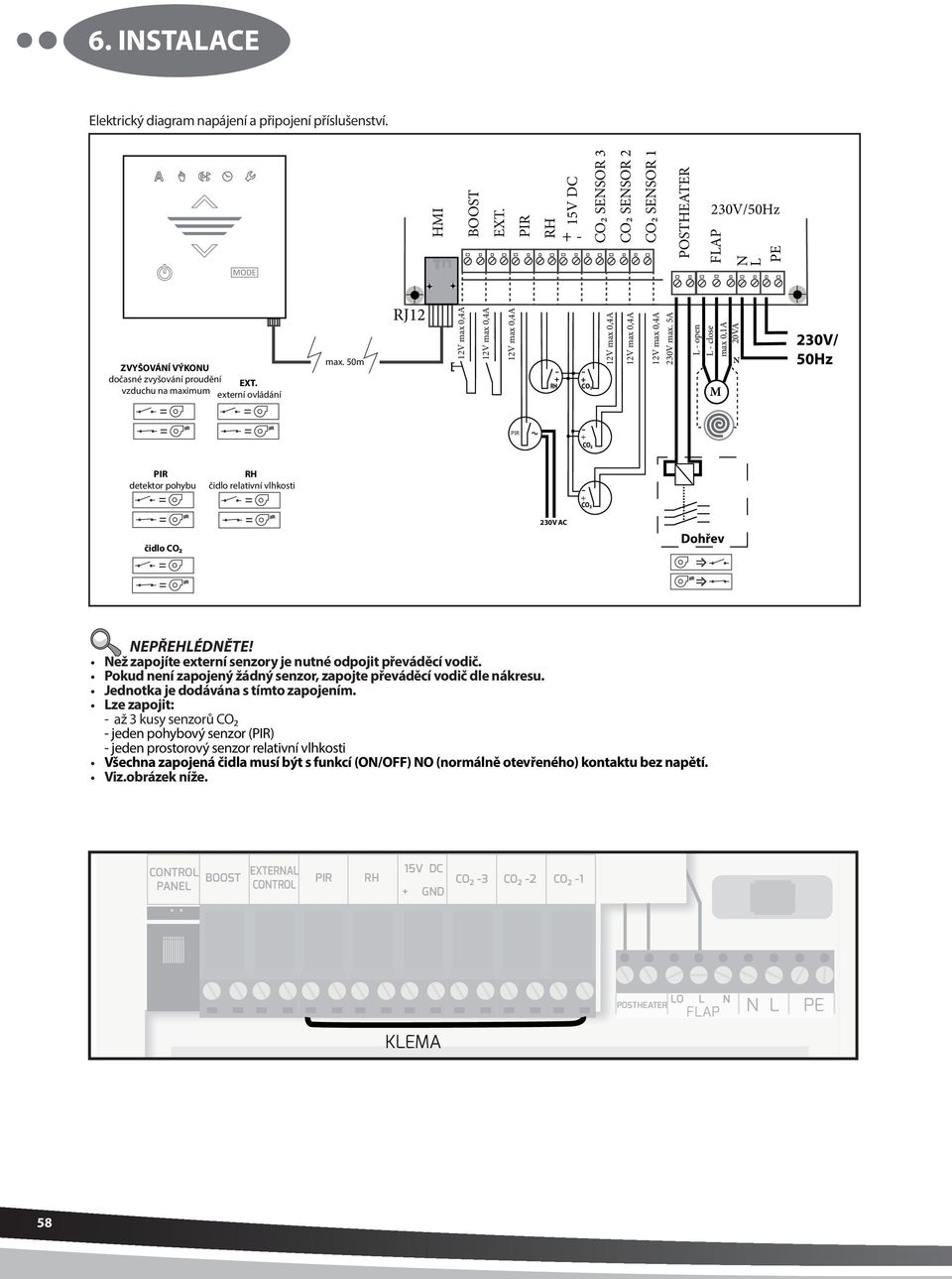 50m RJ2 2V max 0,4A 2V max 0,4A 2V max 0,4A RH - + CO2 2V max 0,4A 2V max 0,4A 2V max 0,4A 230V max.