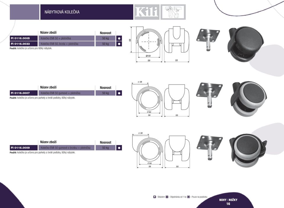 0007 Kolečko EMI gumové + plotnička Použití: kolečko je určeno pro parkety a tvrdé podlahy, těžký nábytek.