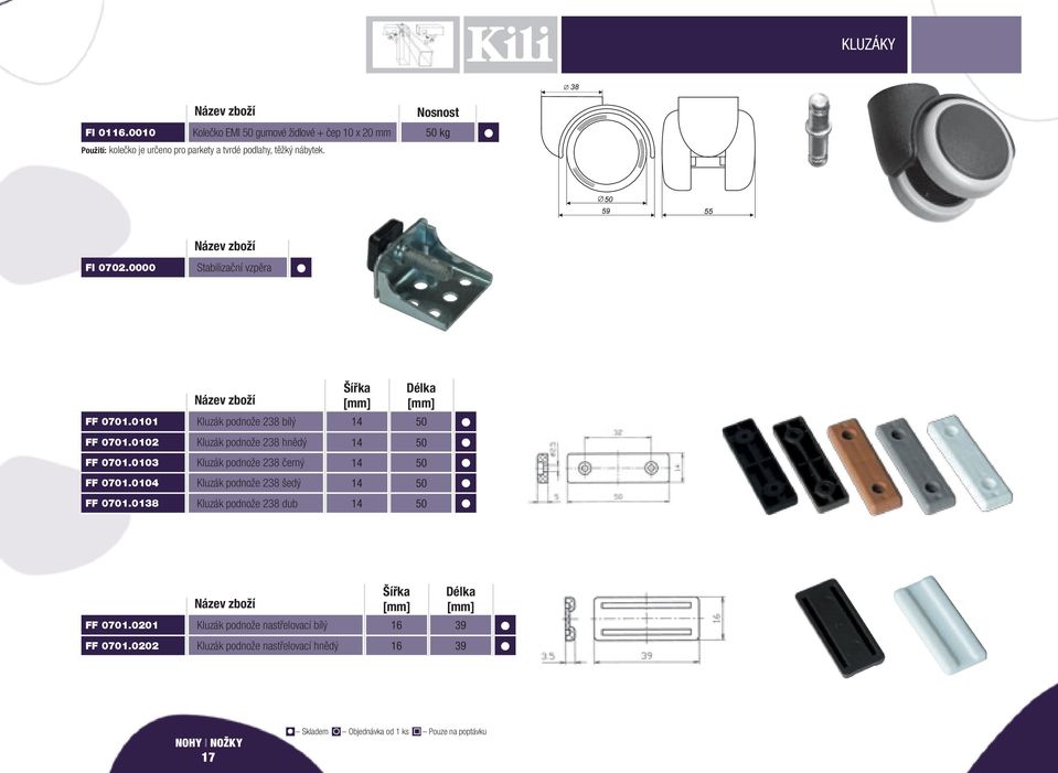 Nosnost kg FI 0702.0000 Stabilizační vzpěra FF 0701.0101 Kluzák podnože 238 bílý Šířka 14 Délka FF 0701.