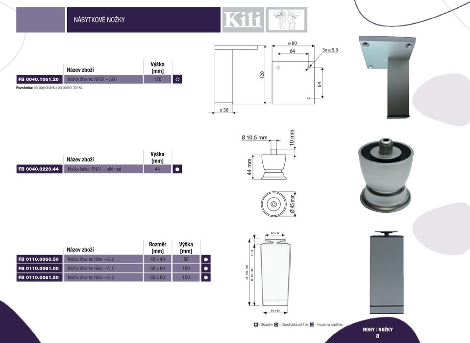 120 120 64 Ø 38 FB 0040.0220.44 Nožka kalich PN01 nikl mat 44 42 x 42 FB 0110.00. Nožka čtverec Niko ALU Rozměr 40 x 40 5-15 FB 0110.