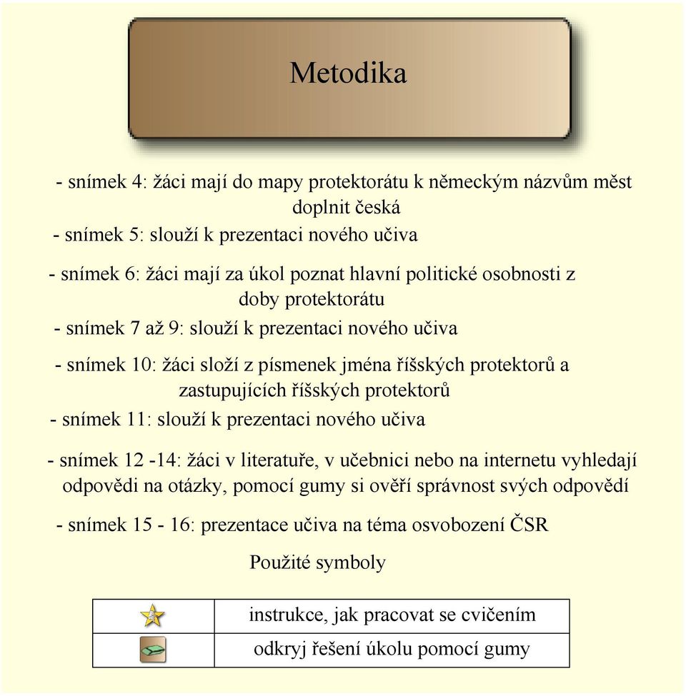 zastupujících říšských protektorů snímek 11: slouží k prezentaci nového učiva snímek 12 14: žáci v literatuře, v učebnici nebo na internetu vyhledají odpovědi na