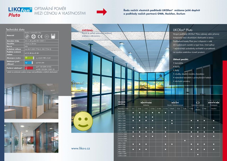 0,65 / NRC = 0,65 Odolnost proti vlhkosti až 95 % RH Požární odolnost* až F 120 (DIN 4102) až REI 120 (EN 13501-2) * záleží na závěsném systému stropu nad podhledem a dalších okolnostech ZVĚTŠENO: