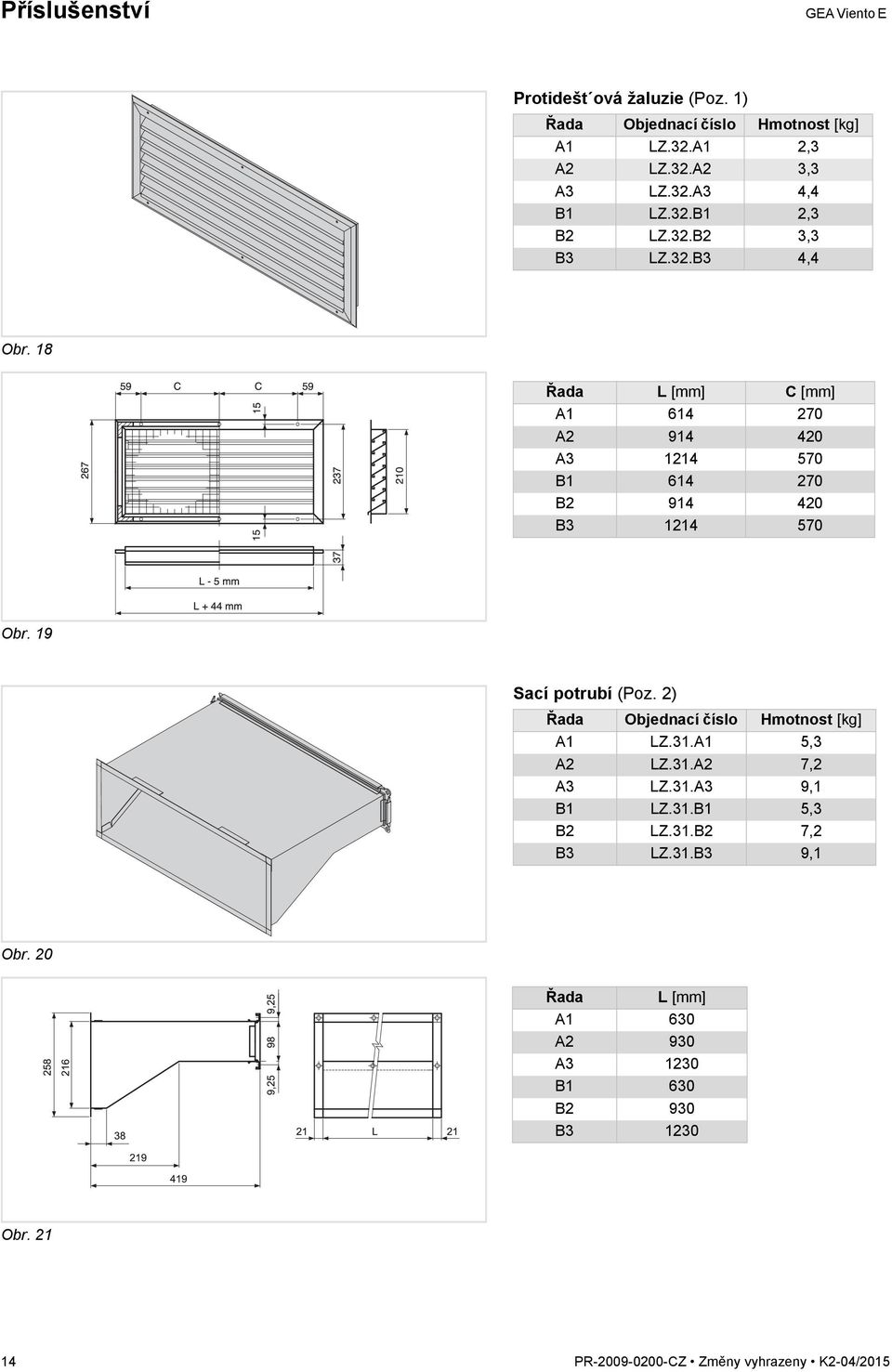19 Sací potrubí (Poz. 2) Řada Objednací číslo Hmotnost [kg] A1 LZ.31.A1 5,3 A2 LZ.31.A2 7,2 A3 LZ.31.A3 9,1 B1 LZ.31.B1 5,3 B2 LZ.31.B2 7,2 B3 LZ.