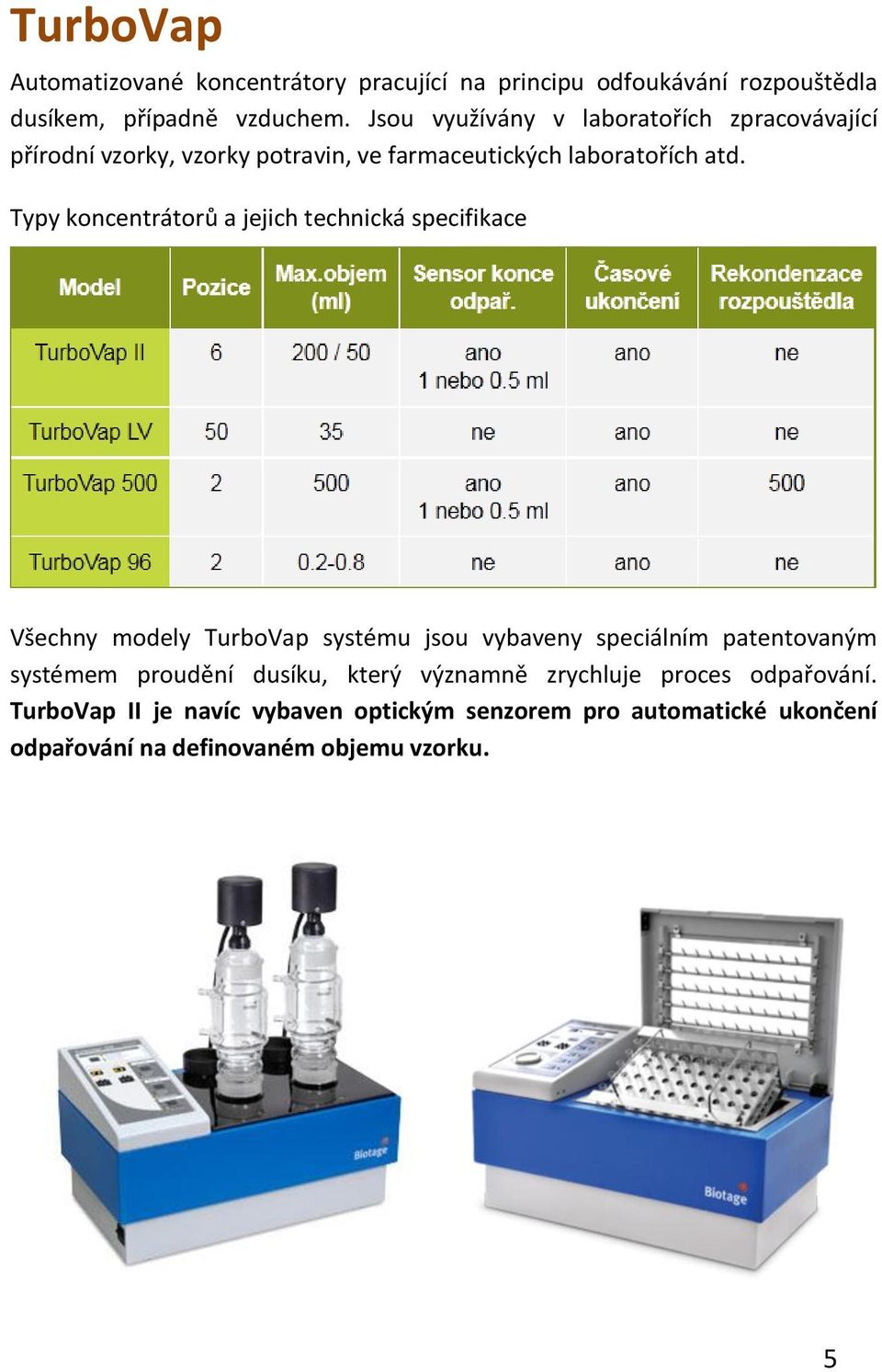 Typy koncentrátorů a jejich technická specifikace Všechny modely TurboVap systému jsou vybaveny speciálním patentovaným systémem