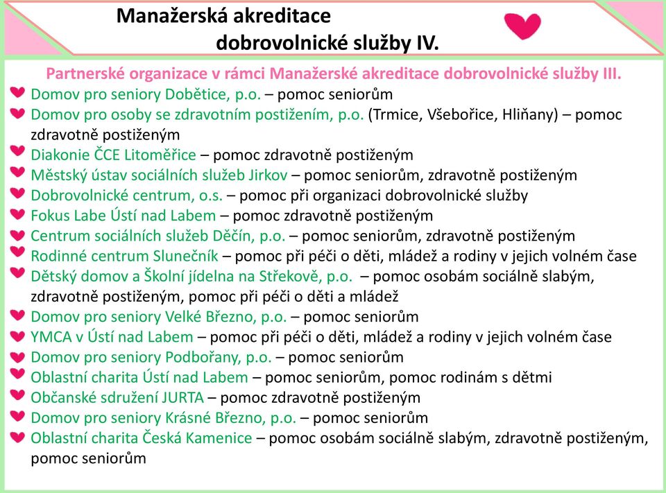 centrum, o.s. pomoc při organizaci dobrovolnické služby Fokus Labe Ústí nad Labem pomoc zdravotně postiženým Centrum sociálních služeb Děčín, p.o. pomoc seniorům, zdravotně postiženým Rodinné centrum Slunečník pomoc při péči o děti, mládež a rodiny v jejich volném čase Dětský domov a Školní jídelna na Střekově, p.