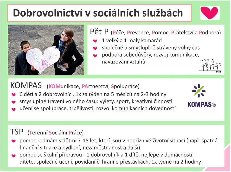 kreativní činnosti učení se spolupráce, trpělivosti, rozvoj komunikačních dovedností TSP (Terénní Sociální Práce) pomoc rodinám s dětmi 7-15 let, kteří jsou v nepříznivé životní situaci (např.