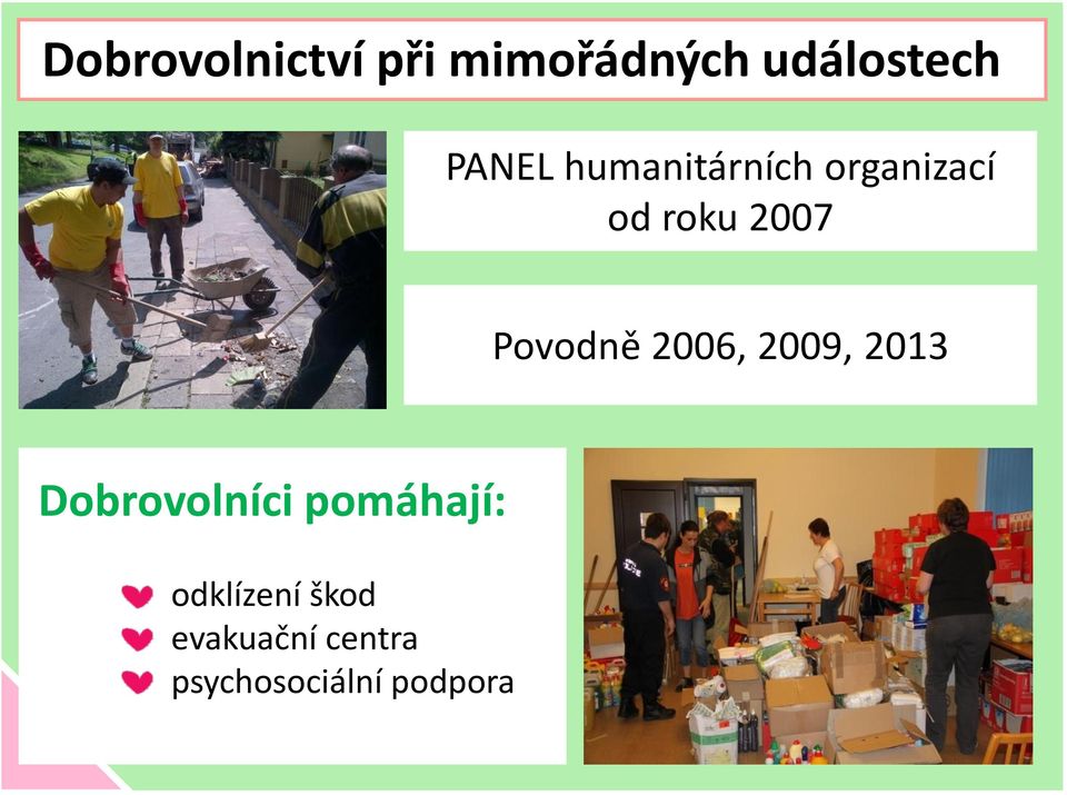 2006, 2009, 2013 Dobrovolníci pomáhají: -