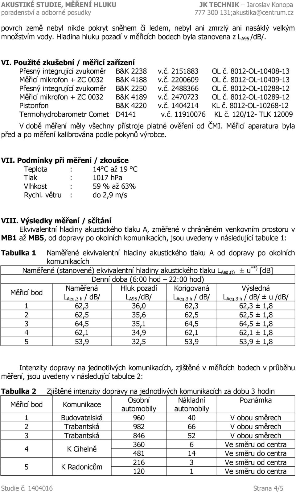 8012-OL-10409-13 Přesný integrující zvukoměr B&K 2250 v.č. 2488366 OL č. 8012-OL-10288-12 Měřicí mikrofon + ZC 0032 B&K 4189 v.č. 2470723 OL č. 8012-OL-10289-12 Pistonfon B&K 4220 v.č. 1404214 KL č.