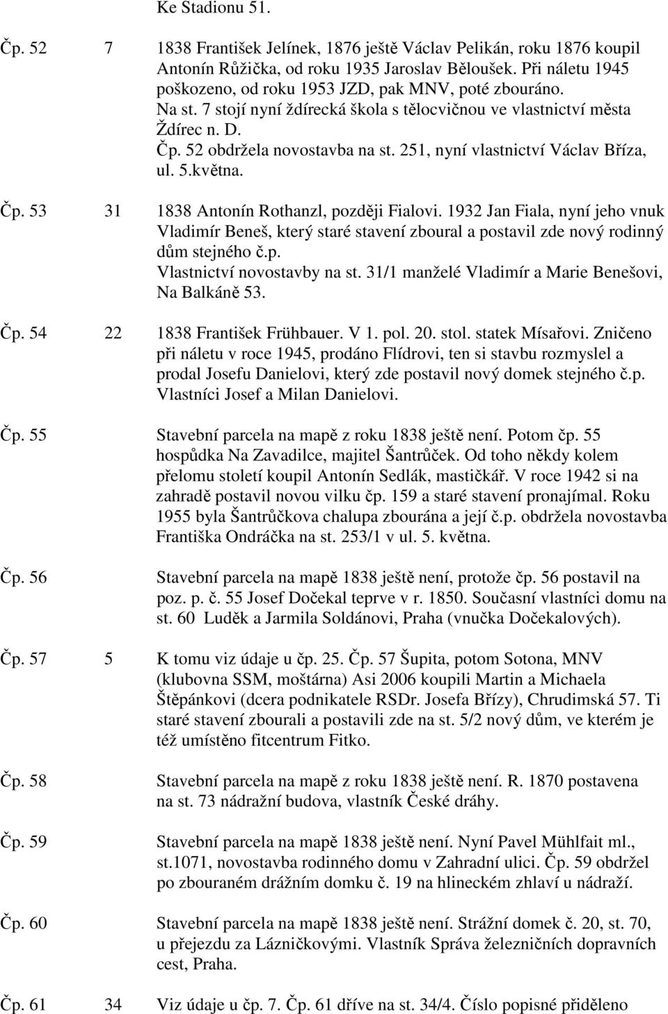 251, nyní vlastnictví Václav Bříza, ul. 5.května. Čp. 53 31 1838 Antonín Rothanzl, později Fialovi.