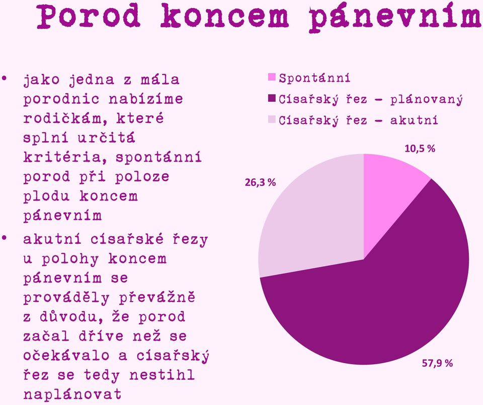 pánevním se prováděly převážně z důvodu, že porod začal dříve než se očekávalo a císařský řez