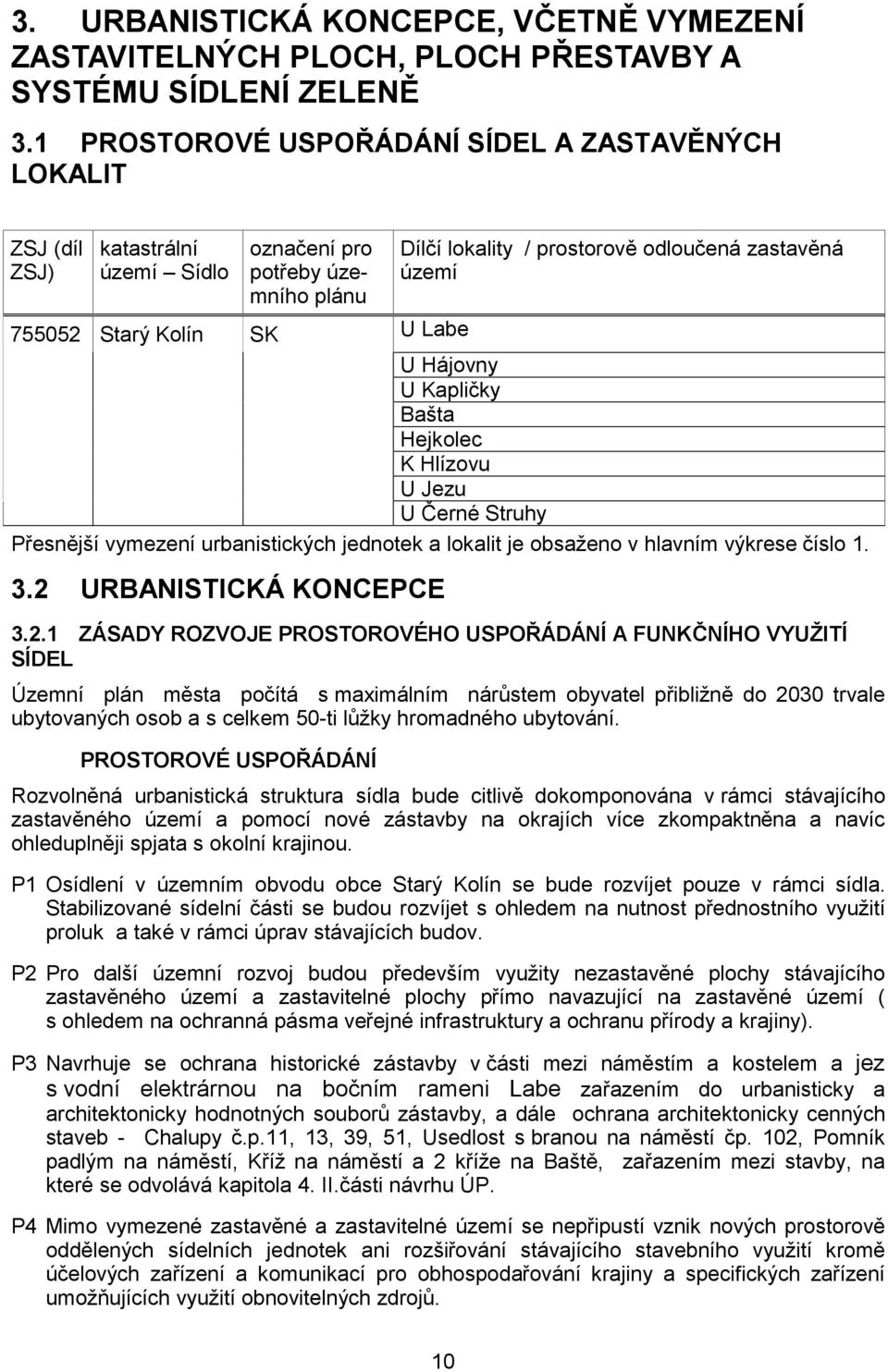 SK U Labe U Hájovny U Kapličky Bašta Hejkolec K Hlízovu U Jezu U Černé Struhy Přesnější vymezení urbanistických jednotek a lokalit je obsaženo v hlavním výkrese číslo 1. 3.2 