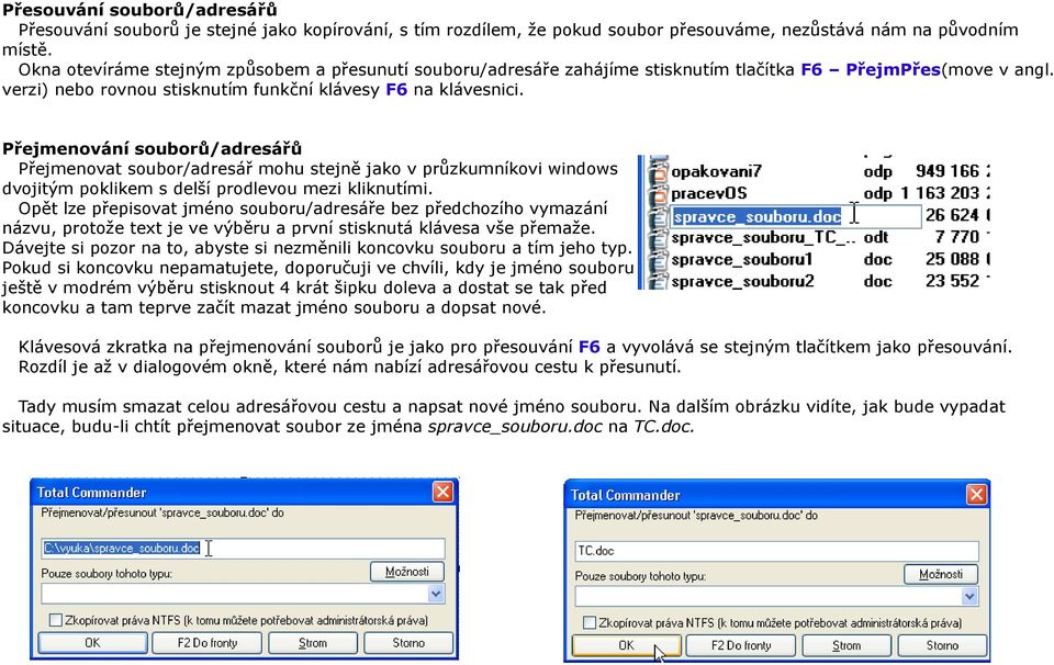 Přejmenování souborů/adresářů Přejmenovat soubor/adresář mohu stejně jako v průzkumníkovi windows dvojitým poklikem s delší prodlevou mezi kliknutími.