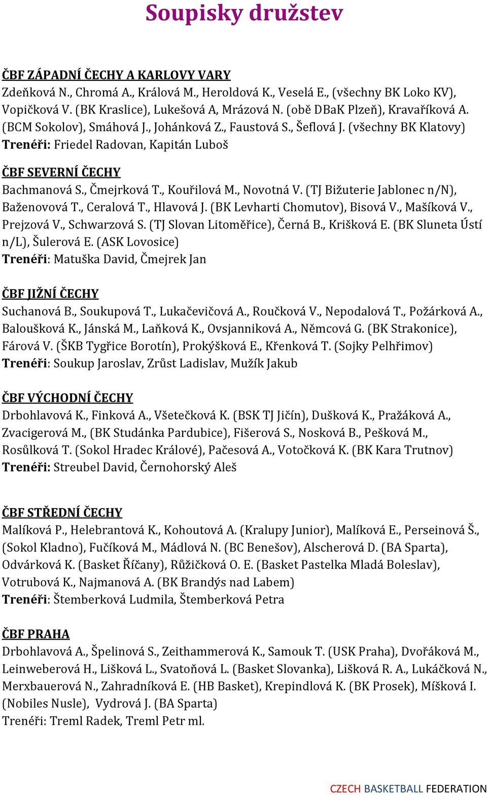 , Čmejrková T., Kouřilová M., Novotná V. (TJ Bižuterie Jablonec n/n), Baženovová T., Ceralová T., Hlavová J. (BK Levharti Chomutov), Bisová V., Mašíková V., Prejzová V., Schwarzová S.