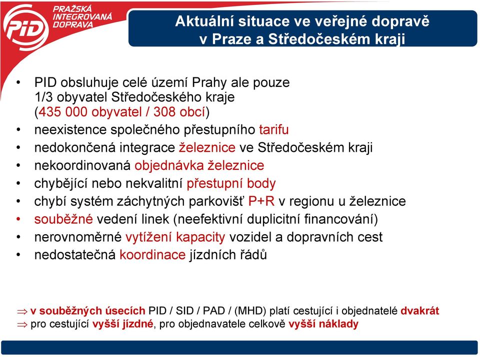 systém záchytných parkovišť P+R v regionu u železnice souběžné vedení linek (neefektivní duplicitní financování) nerovnoměrné vytížení kapacity vozidel a dopravních cest